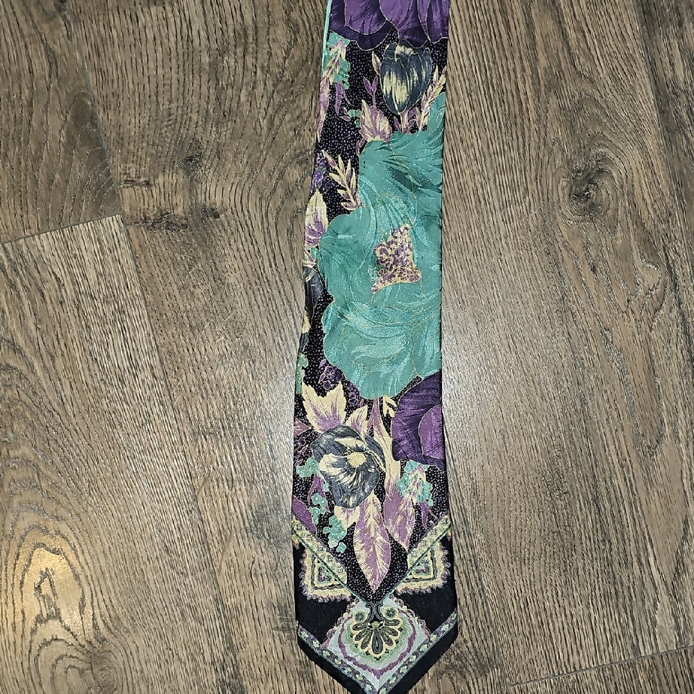 VINTAGE SILK Floral Tie Men Teal  Purple RETRO 70s